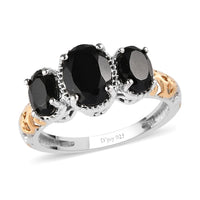 Natural Thai Black Spinel 3 Stone Ring in 14K YG and Platinum Over Sterling Silver 2.85 ctw