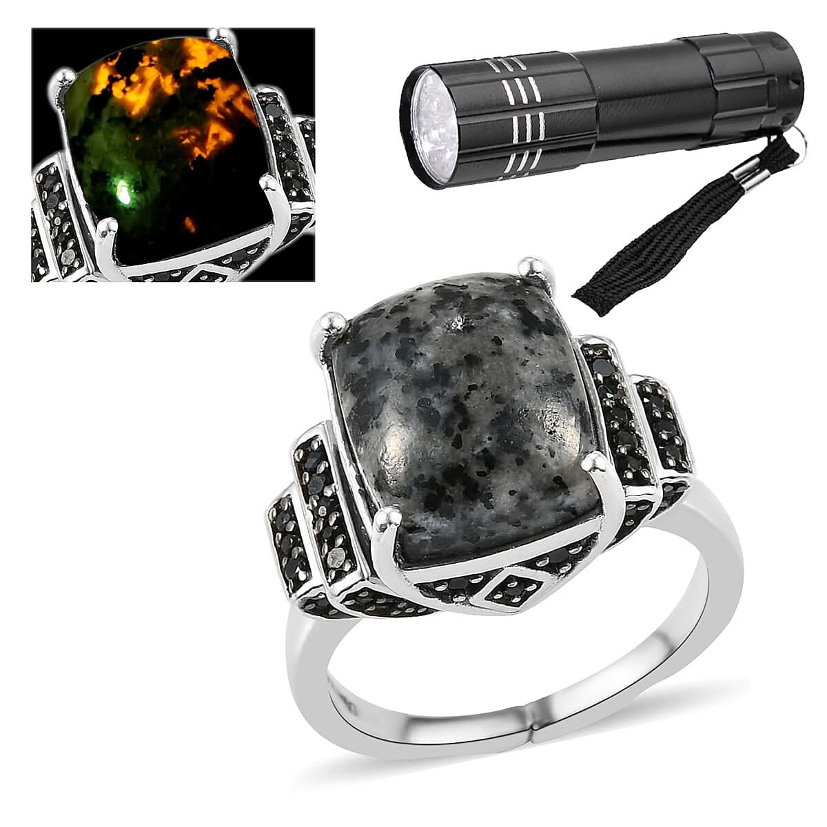 Natural Yooperlite and Natural Thai Black Spinel Openable Ring in Rhodium and Platinum Over Sterling Silver 6.60 ctw with Free UV Torch