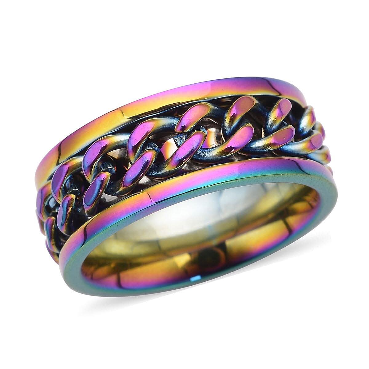 Cuban Chain Spinner Ring in ION Plated Rainbow Stainless Steel
