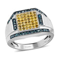 Yellow and Blue Diamond Men's Ring in Rhodium and Platinum Over Sterling Silver (Size 10.0) 7.30 Grams 1.00 ctw - Sticky add to cart bar