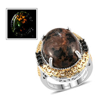 Yooperlite and Natural Thai Black Spinel Ring in Vermeil Yellow Gold and Platinum Over Sterling Silver (Size 8.0) 17.90 ctw