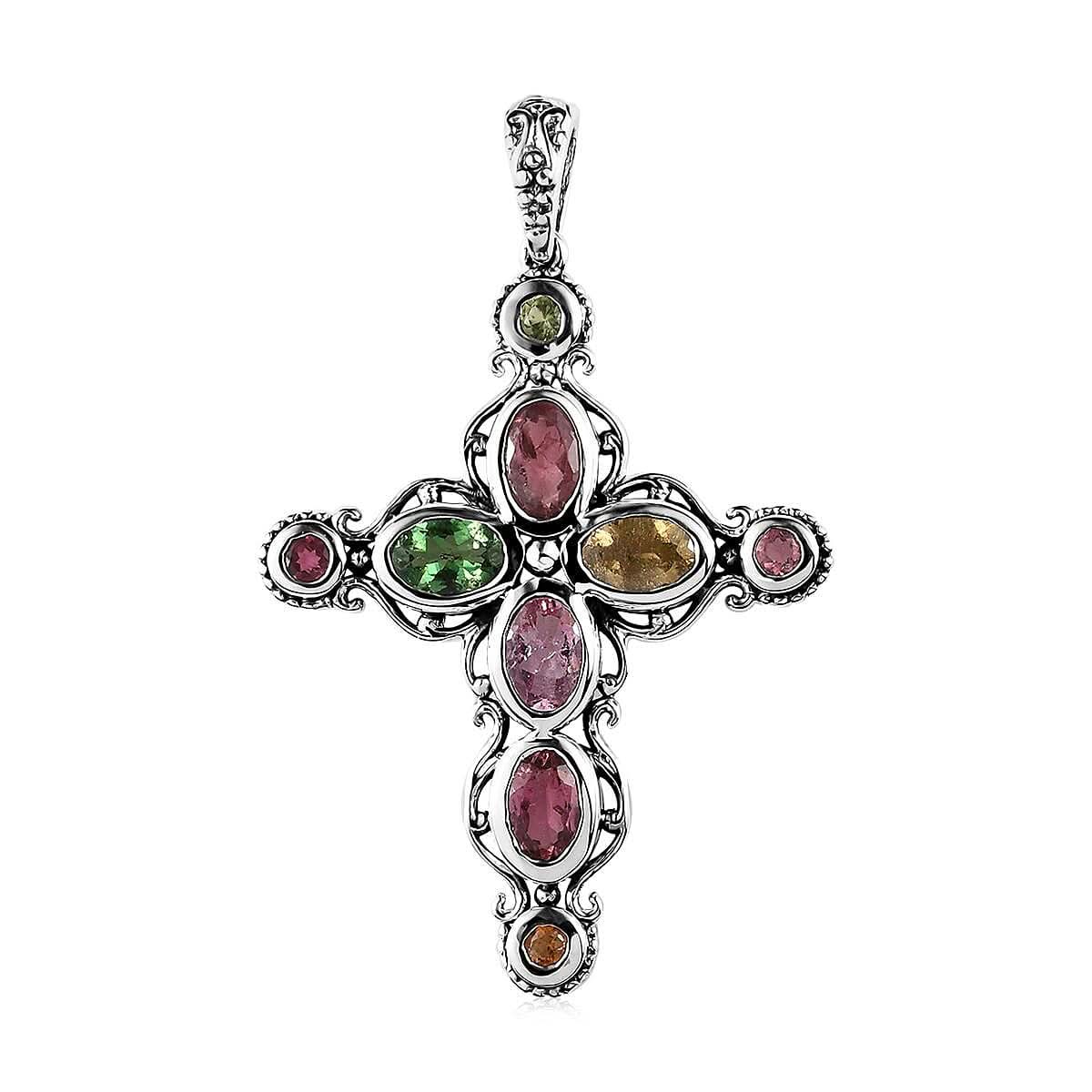 Artisan Crafted Multi-Tourmaline Cross Pendant in Sterling Silver 2.40 ctw