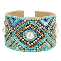 Turquoise Glass Seed Beaded Cuff Bracelet in Goldtone