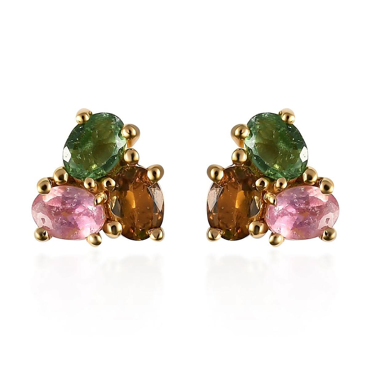 Multi-Tourmaline Stud Earrings in Vermeil Yellow Gold Over Sterling Silver 1.00 ctw