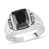Natural Thai Black Spinel, Natural White Zircon Men's Ring in Stainless Steel (Size 10.0) 5.40 ctw