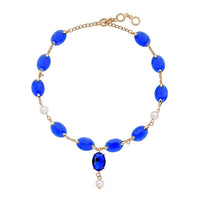 Simulated Blue Sapphire and White Pearl Beaded Necklace 22-23 Inches in Goldtone