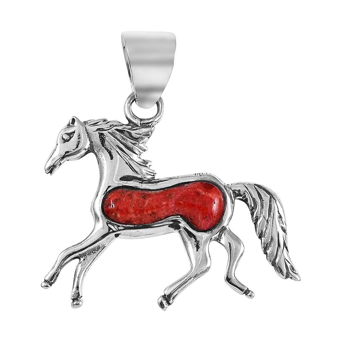 SANTA FE Style Coral Horse Pendant in Sterling Silver
