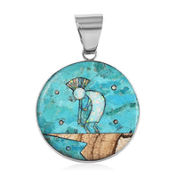 SANTA FE Style Kingman Turquoise and Multi Gemstone Kokopelli Pendant in Sterling Silver 8.00 ctw