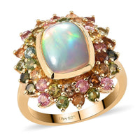 Premium Ethiopian Welo Opal and Multi-Tourmaline Floral Ring in Vermeil Yellow Gold Over Sterling Silver 3.75 ctw