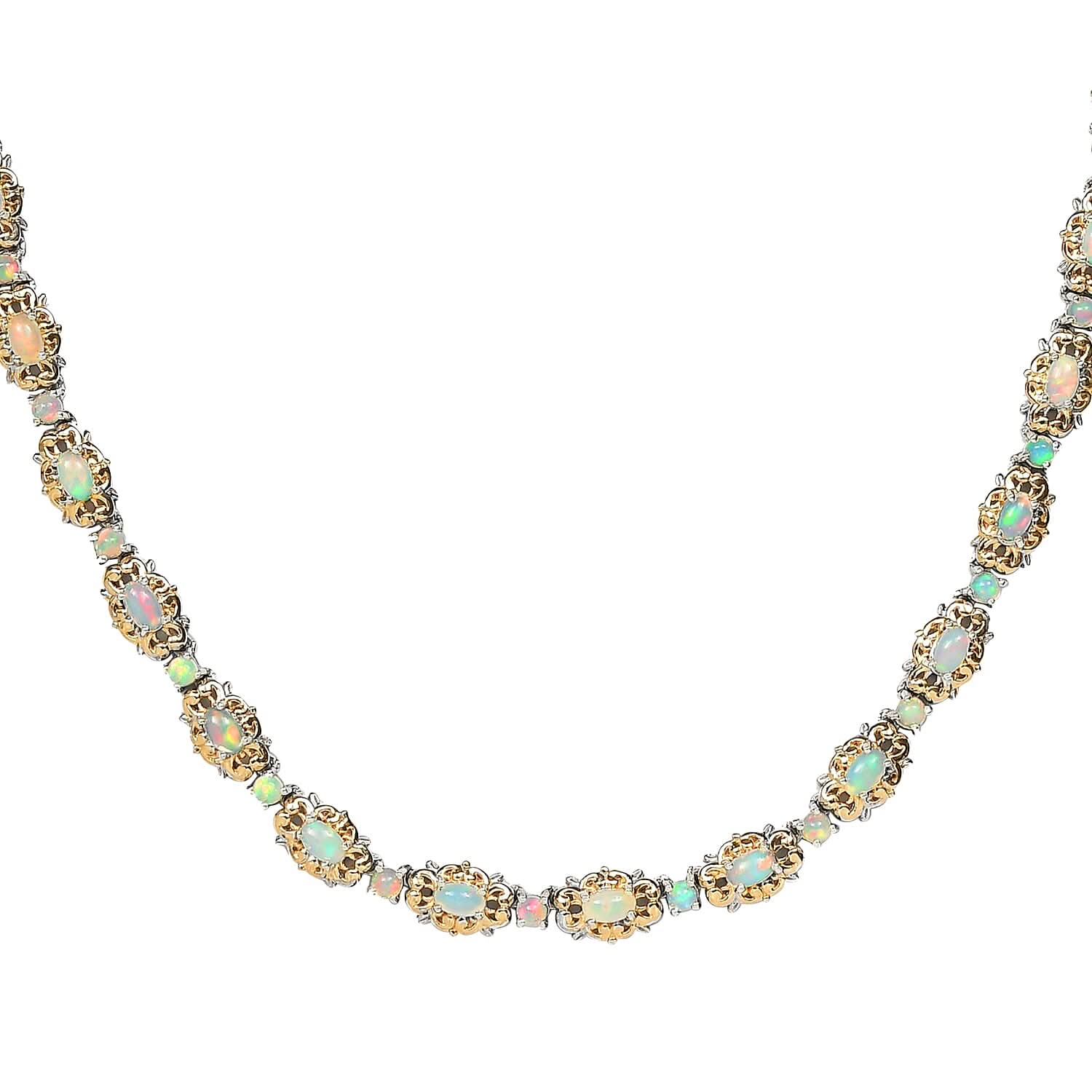 Premium Ethiopian Welo Opal Necklace 18 Inches in Vermeil YG and Platinum Over Sterling Silver 30.90 Grams 7.35 ctw