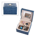 Simulated Pearl Blue Crocodile Pattern Faux Leather Mini Travel Jewelry Box (4"x4") - Sticky add to cart bar