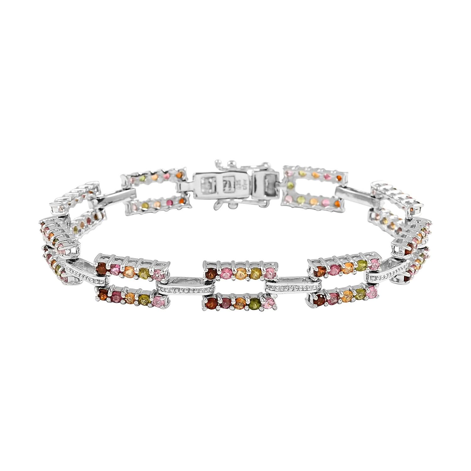 Multi-Tourmaline and Natural White Zircon Paper Clip Bracelet in Platinum Over Sterling Silver (6.50 In) 12.75 Grams 3.40 ctw