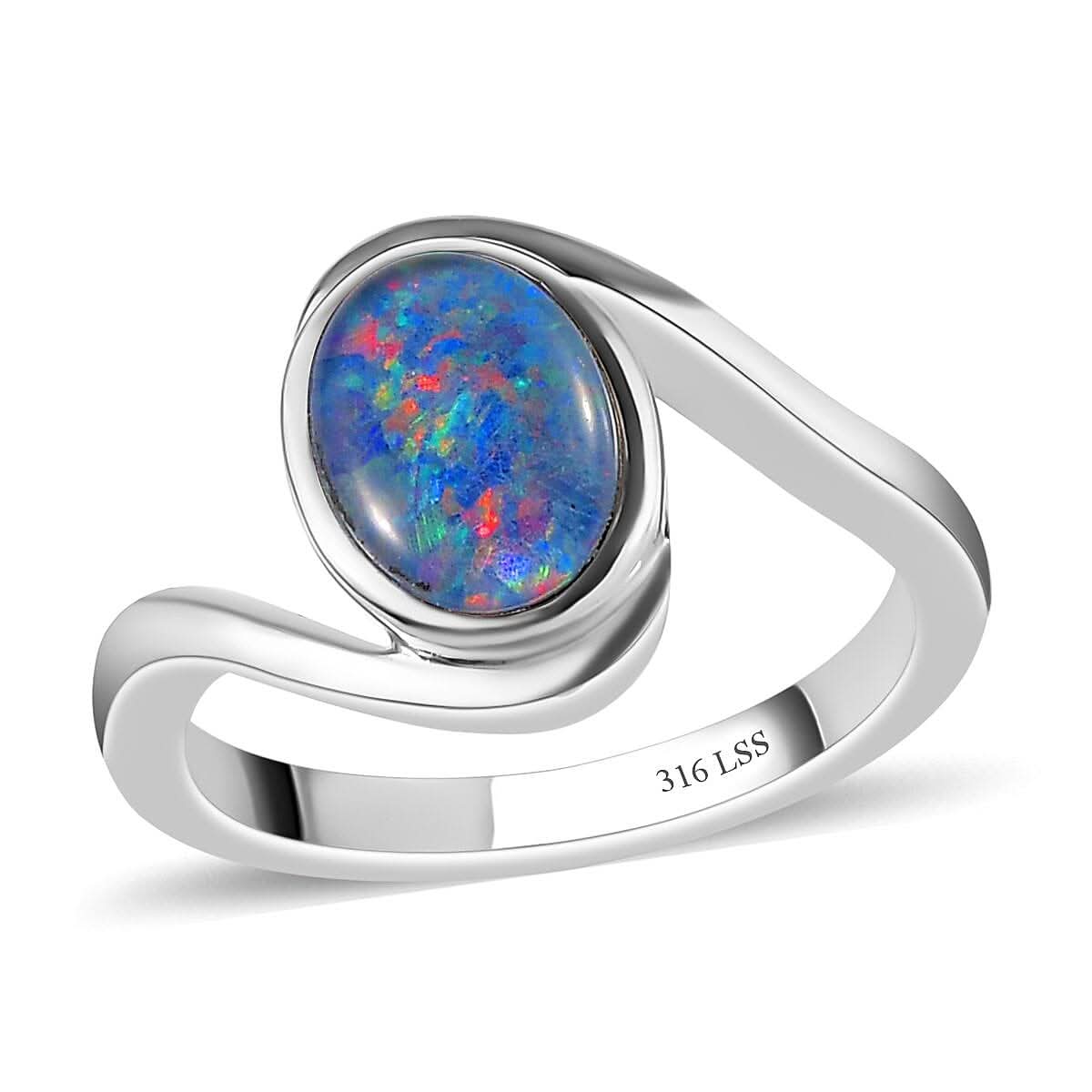 TLV Australian Boulder Opal Triplet Bypass Ring in Stainless Steel (Size 10.0) 0.90 ctw