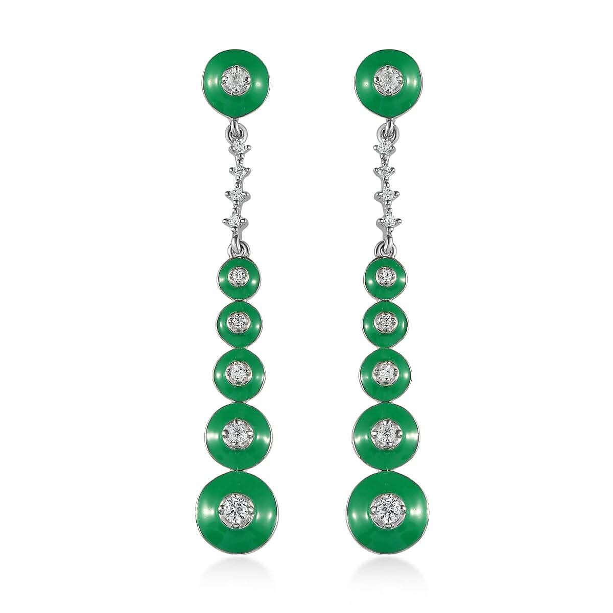 Natural White Zircon and Enameled Dangling Earrings in Platinum Over Sterling Silver 0.60 ctw