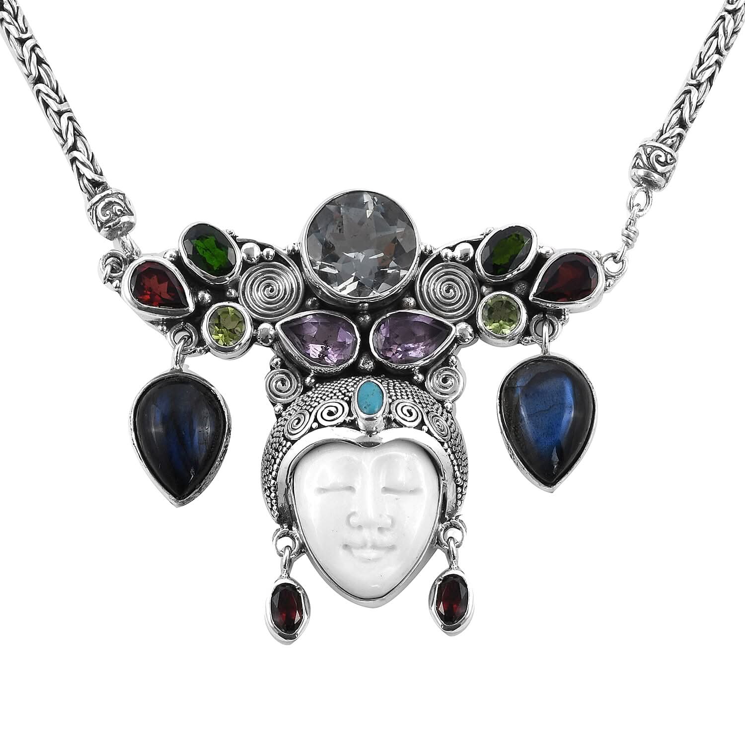 BALI GODDESS Carved Bone and Multi Gemstone Necklace 22 Inches in Sterling Silver 39.20 Grams 26.10 ctw