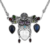 BALI GODDESS Carved Bone and Multi Gemstone Necklace 22 Inches in Sterling Silver 39.20 Grams 26.10 ctw