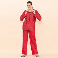 TAMSY Red Sparkle Printed Brushed Flannel Track Suit Set - L