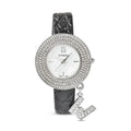 STRADA Austrian Crystal Japanese Movement Triple Halo Watch with Initial A Charm and Black Faux Leather Strap - Sticky add to cart bar