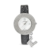 STRADA Austrian Crystal Japanese Movement Triple Halo Watch with Initial A Charm and Black Faux Leather Strap