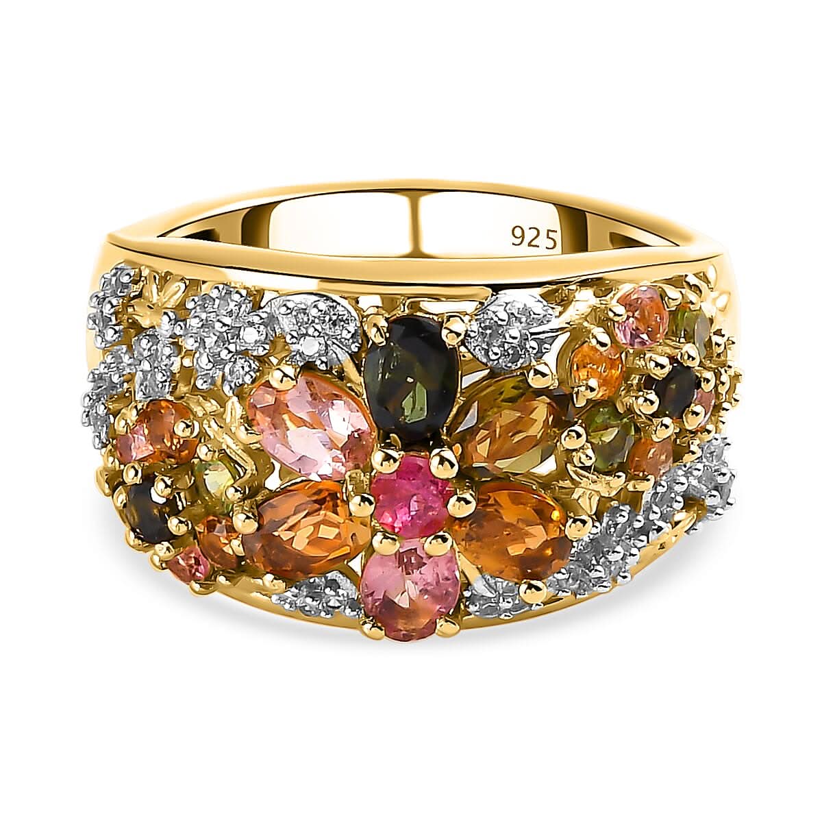 Multi-Tourmaline and Natural White Zircon Cluster Ring in Vermeil Yellow Gold Over Sterling Silver 1.85 ctw