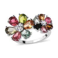 Multi-Tourmaline and Natural White Zircon Floral Ring in Platinum Over Sterling Silver 3.15 ctw