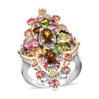 Multi-Tourmaline and Natural White Zircon Cluster Ring in Platinum Over Sterling Silver 3.40 ctw