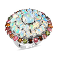 TLV AMERICAN Natural Sleeping Beauty Turquoise, Multi-Tourmaline Cocktail Ring in Platinum Over Sterling Silver (Size 7.0) (9.85 g) 9.00 ctw