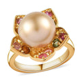 South Sea Golden Cultured Pearl and Multi-Tourmaline Floral Ring in Vermeil Yellow Gold Over Sterling Silver 0.70 ctw - Sticky add to cart bar