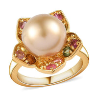 South Sea Golden Cultured Pearl and Multi-Tourmaline Floral Ring in Vermeil Yellow Gold Over Sterling Silver 0.70 ctw