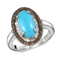 AMERICAN Natural Sleeping Beauty Turquoise, Natural Champagne and White Diamond Halo Ring in Rhodium & Platinum Over Sterling Silver 2.50 ctw