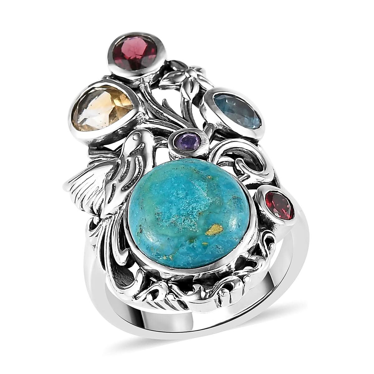 Artisan Crafted Opalina and Multi Gemstone Bird & Floral Ring in Sterling Silver (Size 9.0) 7.50 Grams 5.75 ctw