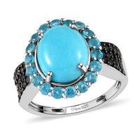 AMERICAN Natural Sleeping Beauty Turquoise and Multi Gemstone Halo Ring in Rhodium & Platinum Over Sterling Silver 3.75 ctw