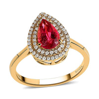 Certified & Appraised ILIANA 18K Yellow Gold AAA Ouro Fino Rubellite and G-H SI Diamond Double Halo Ring 3.75 Grams 1.80 ctw