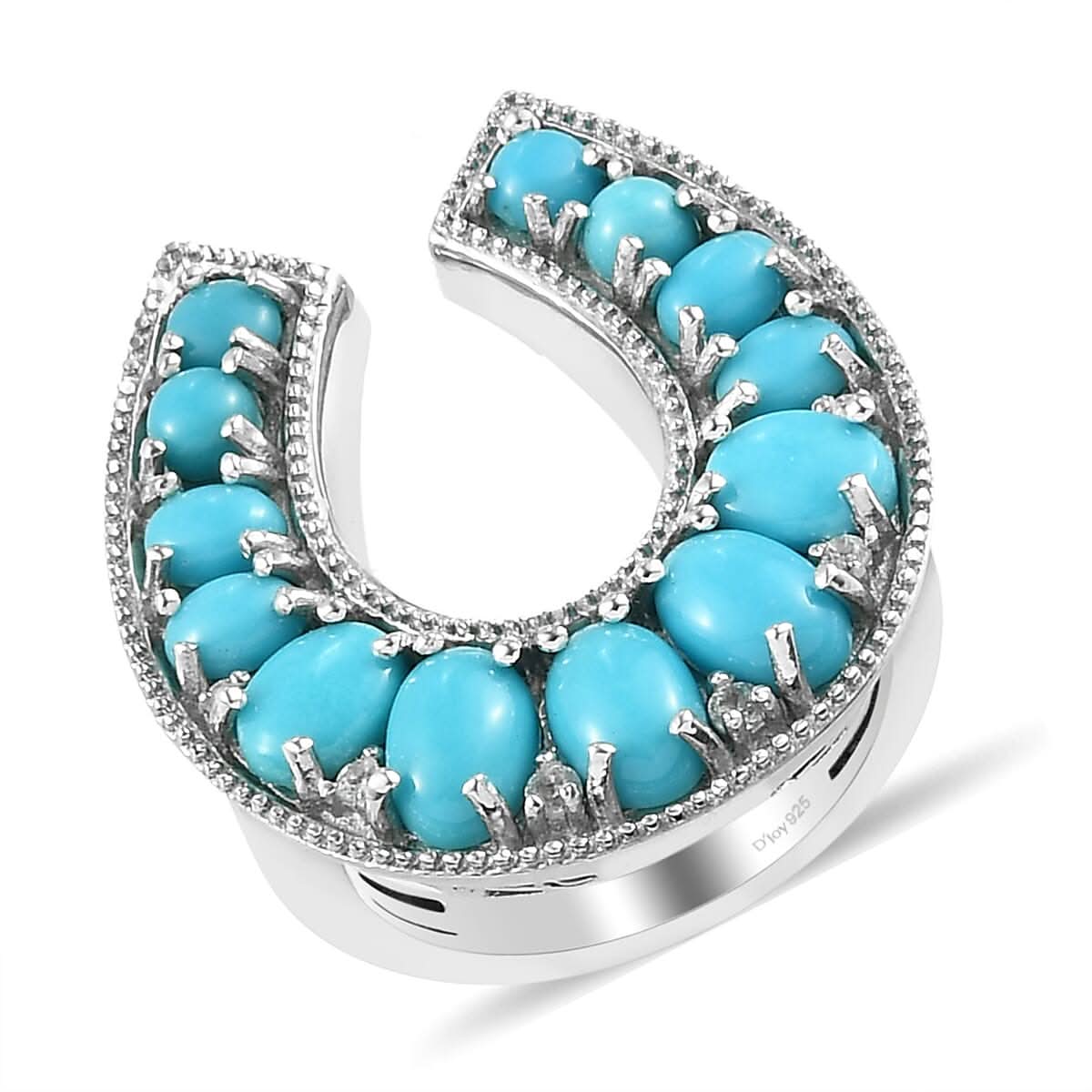 AMERICAN Natural Sleeping Beauty Turquoise and Natural White Zircon Horseshoe Ring in Platinum Over Sterling Silver 7.60 Grams 3.00 ctw (1)