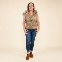 TAMSY Beige Puffer Vest with Faux Fur Hood Large