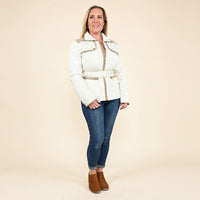 TAMSY White Quilted Jacket with Belt and Stand Collar - Large