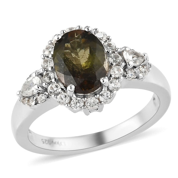 Jenipapo Andalusite, Natural White Zircon Halo Ring in Platinum Over Sterling Silver (Size 10.0) 1.90 ctw - Product card gallery slide 1 (9431307911423)