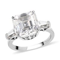 Heart & Arrow Cut Moissanite 3 Stone Ring in Platinum Over Sterling Silver (Size 10.0) 4.75 ctw