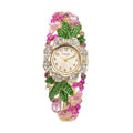 Strada Japanese Movement Multi Color Crystal, Pink Glass Floral & Leaves Pattern Bangle Bracelet (6.5-7 In) Watch in Goldtone (26.67mm) - Sticky add to cart bar