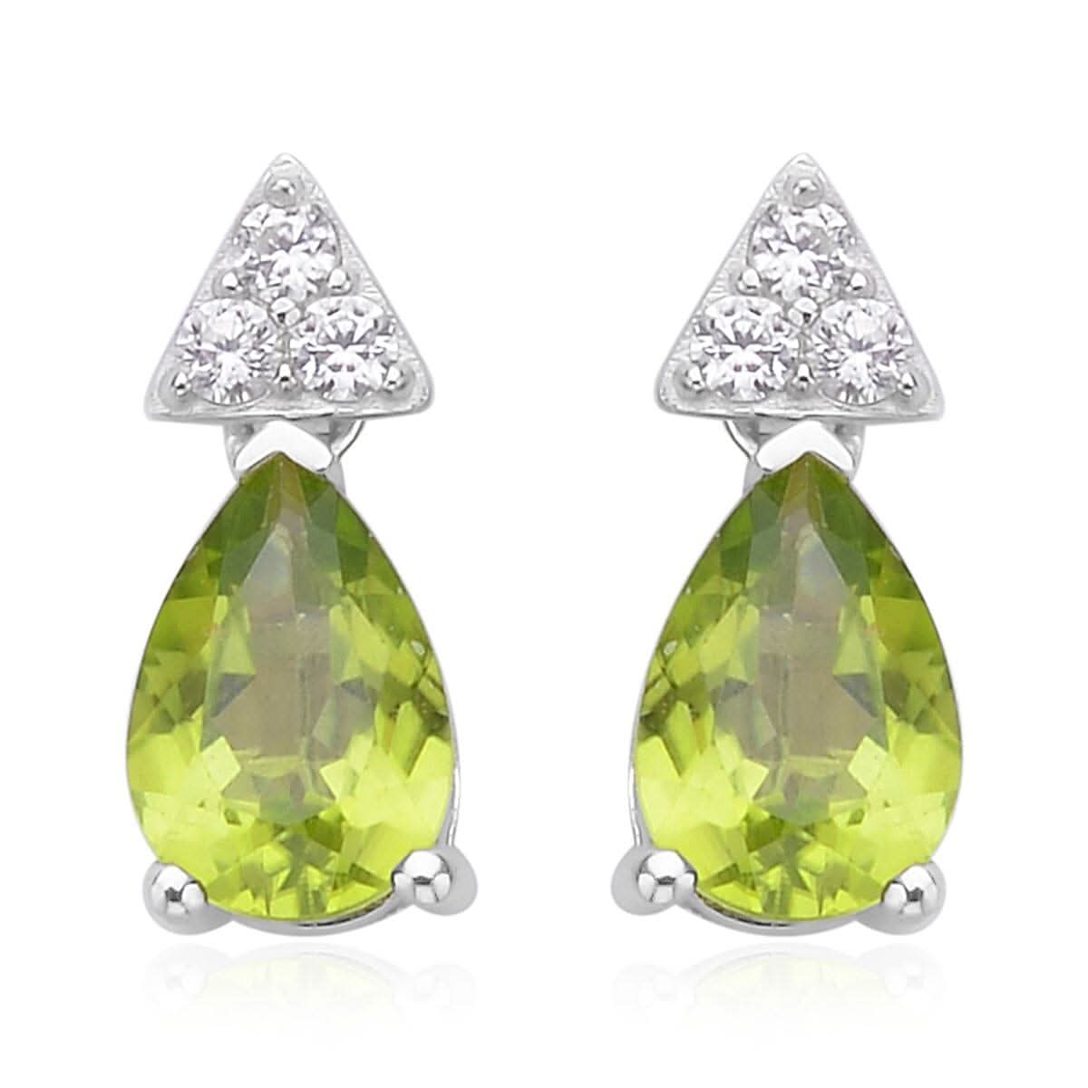 Peridot and White Zircon Drop Earrings in Rhodium Over Sterling Silver 3.10 ctw