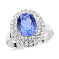 Color Change Fluorite and Natural White Zircon Double Halo Ring in Rhodium Over Sterling Silver 4.40 ctw