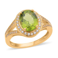 Premium Peridot and Natural White Zircon Stunning Halo Ring in Vermeil Yellow Gold Over Sterling Silver 3.25 ctw