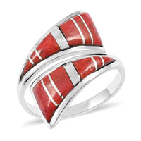 SANTA FE Style Coral Bypass Inlay Ring in Sterling Silver