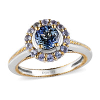 Peacock Tanzanite, Tanzanite and Natural White Zircon Floral Ring in Vermeil Yellow Gold and Platinum Over Sterling Silver 1.60 ctw
