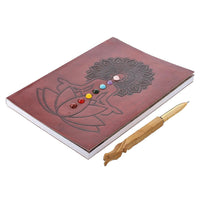 "meditation Leather Diary with 90 GSM machine natural shape paper with Gift  set with 7 Chakra  gemstone & wooden Pen Size: Dairy Size:L(8)xW(6) Pen Size: 6 Inch"