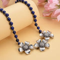 Lapis Lazuli and Austrian Crystal, Resin Floral Necklace 18-20 Inches in Silvertone 57.50 ctw - Sticky add to cart bar