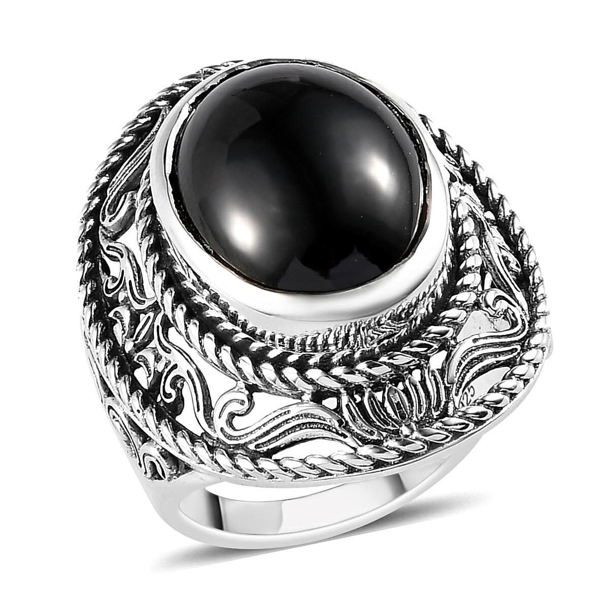 Natural Thai Black Spinel Solitaire Ring in Sterling Silver 8.25 Grams 13.30 ctw