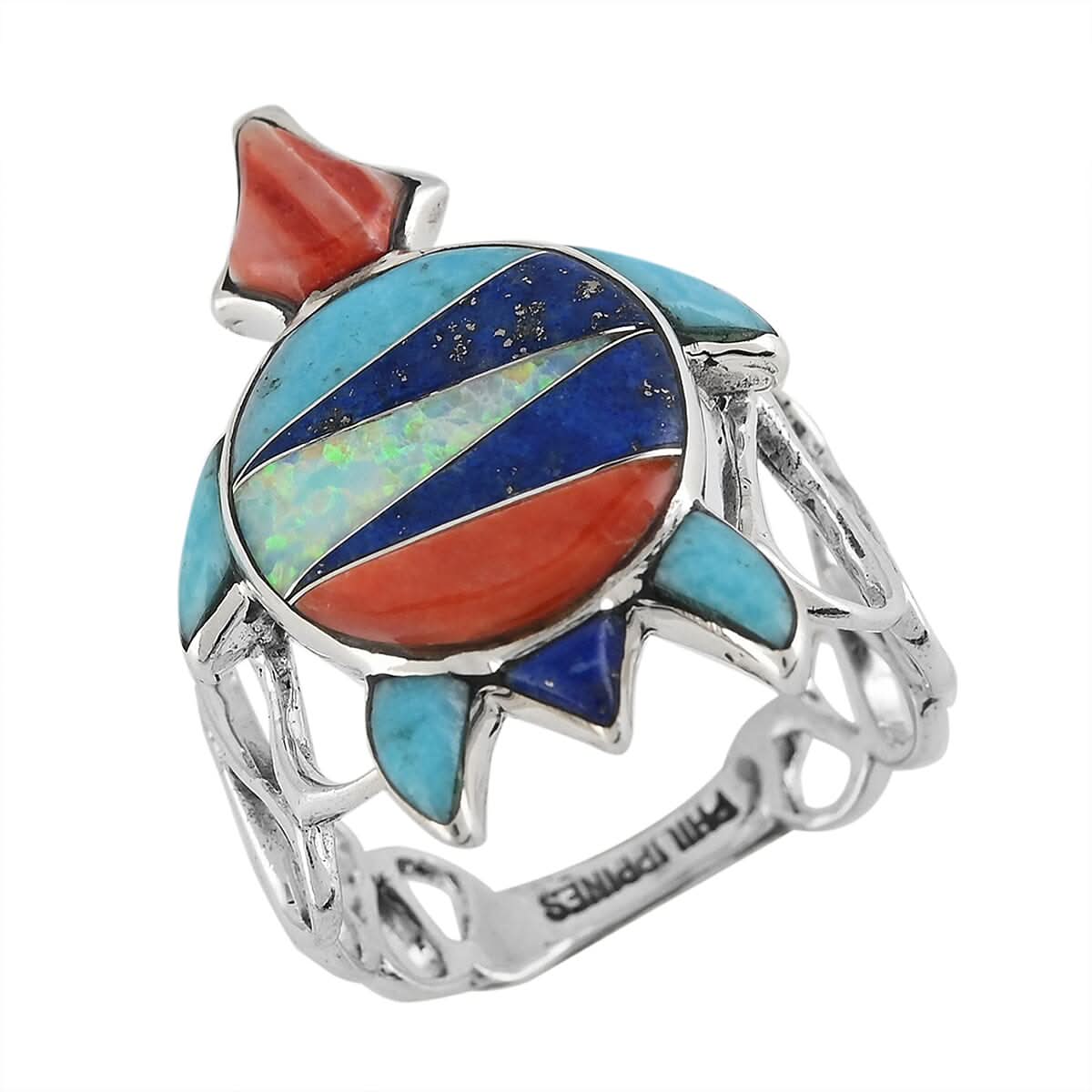 SANTA FE Style Multi Gemstone Turtle Loop Fashion Ring in Sterling Silver 0.90 ctw