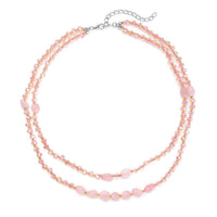 Galilea Rose Quartz, Pink and Champagne Glass Beaded Two Row Necklace (18-20 Inches) in Stainless Steel 50.00 ctw