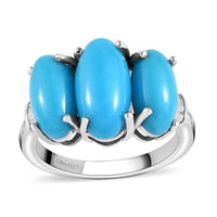 TLV AMERICAN Natural Sleeping Beauty Turquoise, Diamond 3 Stone Ring in Platinum Over Sterling Silver (Size 11.0) 4.85 ctw